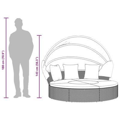 Height and person silhouette next to round daybed for scale