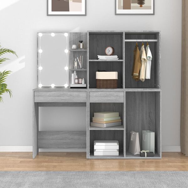 vidaXL LED Dressing Table With Cabinets Gray Sonoma Engineered wood, acrylic