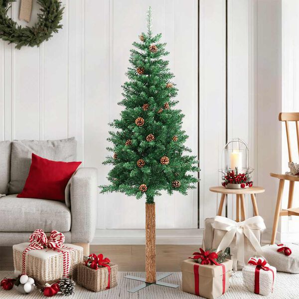 vidaXL Slim Christmas Tree with Real Wood and Cones Green 59.1" PVC