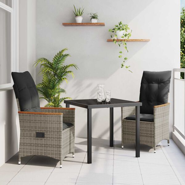 vidaXL Garden Dining Set with Cushion 3 pcs Grey Poly Rattan
