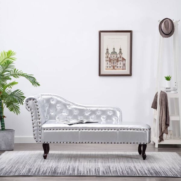 vidaXL Chaise Longue Silver Artificial leather, solid wood frame Large