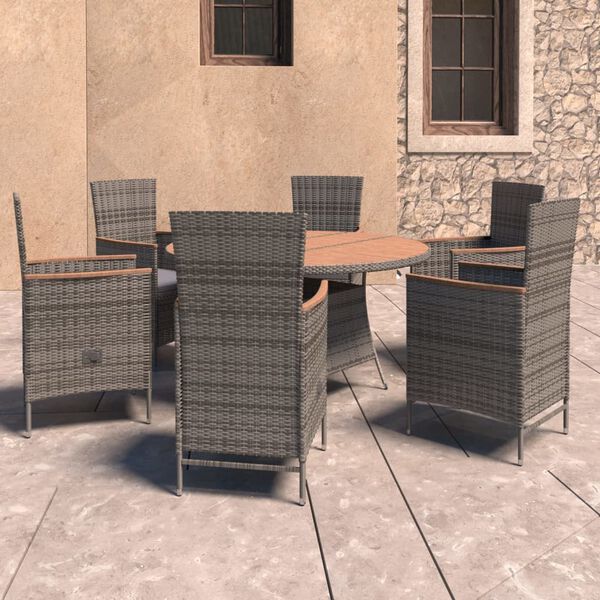 vidaXL 7 Piece Patio Dining Set with Cushions Poly Rattan Gray