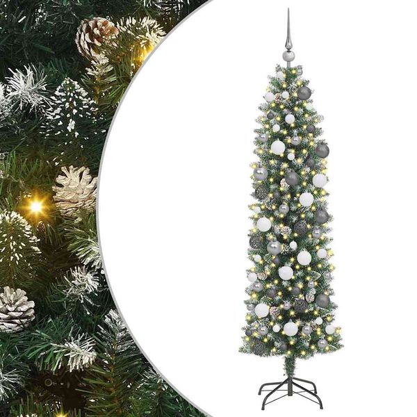 vidaXL Artificial Slim Christmas Tree Green and White 70.87 in