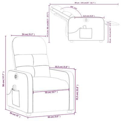 Technical schematic drawing with dimensions of the recliner (dimensions in cm and inches)