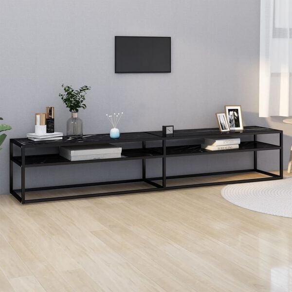 vidaXL TV Cabinet Black, Black Marble Tempered Glass, Powder-Coated Steel