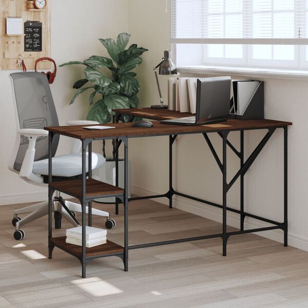 vidaXL Desk Brown Oak Engineered Wood, Metal Adjustable Feet Desk