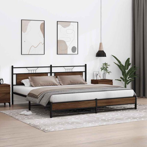vidaXL Bed Frame Brown Oak Steel, Engineered Wood 76 x 80 in Bed Frame