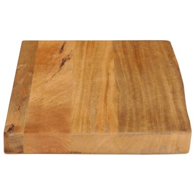 A thick wooden cutting board with visible wood grain, rectangular with rounded edges.