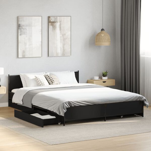 vidaXL Bed Frame Black Engineered wood, steel King Bed Frame