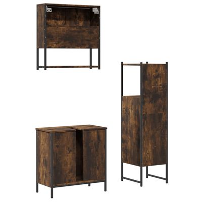 Group of rustic bathroom storage furniture pieces including wall cabinet, tall cabinet, and two-door cabinet