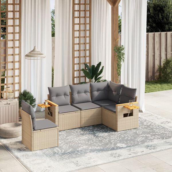 vidaXL Garden Sofa Set Beige PE rattan 5 Piece Set Adjustable Feet