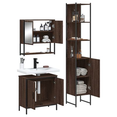 Complete bathroom furniture set showing mirrored cabinet, sink vanity with faucet, and a tall cabinet with shelves and doors