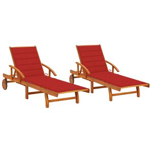 vidaXL Sun Lounger Natural wood, red cushion