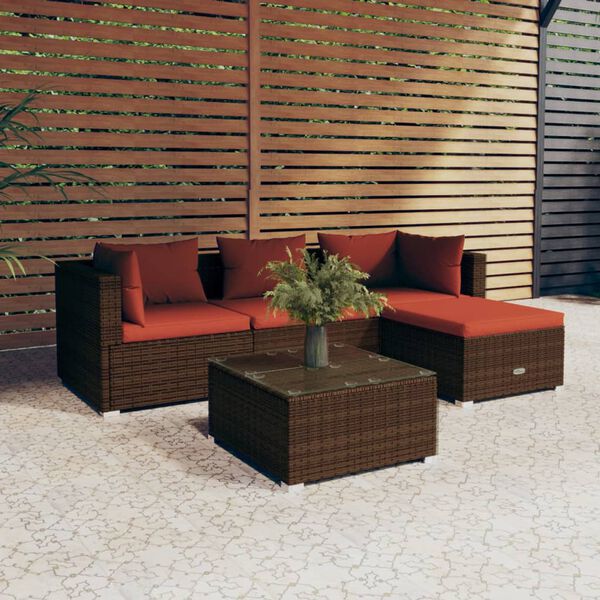 vidaXL Garden Lounge Set Brown with Cinnamon red cushions