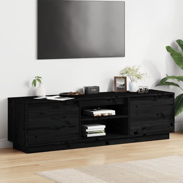 vidaXL TV Cabinet Black Solid Pine Wood Medium TV Cabinet Rectangular