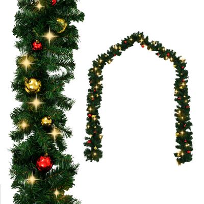 vidaXL Christmas Garland with Baubles and LED Lights Green 66 ft PVC