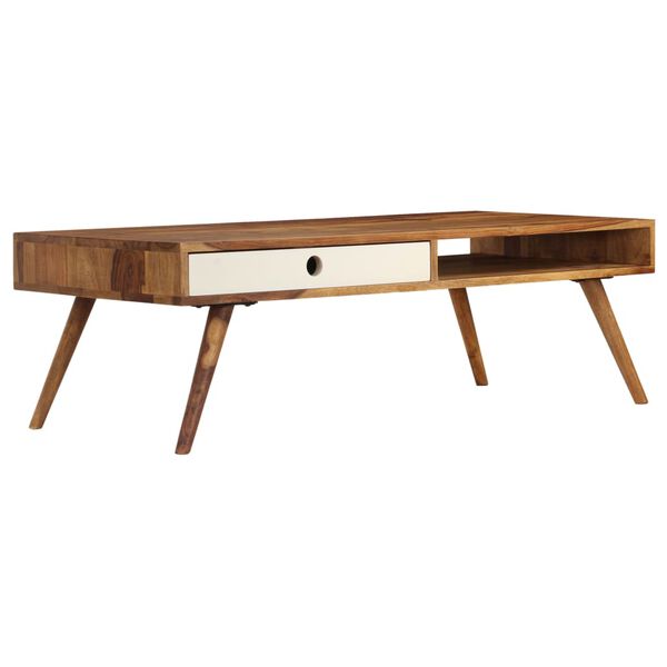 vidaXL Coffee Table Brown and White Solid Acacia Wood 43.3x19.7x13.8 in