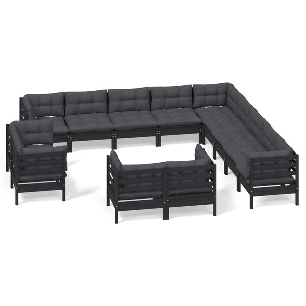 vidaXL Garden Lounge Set Black Solid pine wood, polyester fabric Large