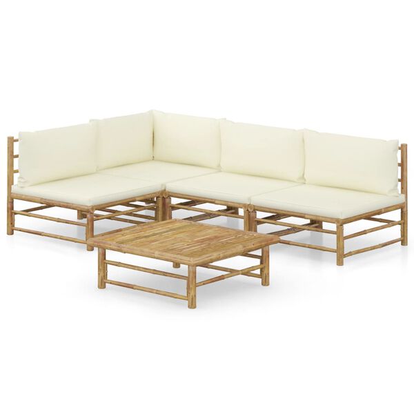vidaXL Garden Lounge Set Cream White Bamboo and Fabric Medium Modular