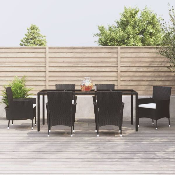 vidaXL 7 Piece Patio Dining Set with Cushions Black Poly Rattan
