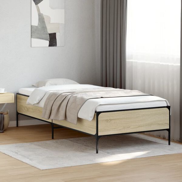 vidaXL Bed Frame Sonoma oak Engineered wood, Metal Twin Modern