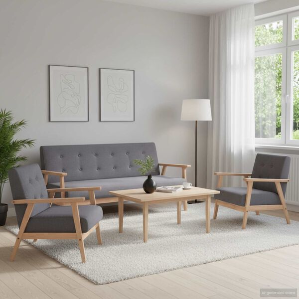 vidaXL Sofa Set Dark Grey Polyester fabric, Wooden frame