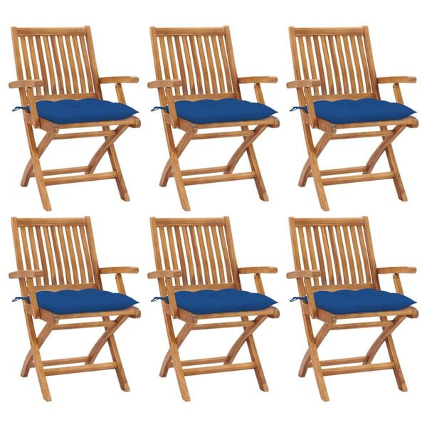 vidaXL Patio Chair Set of 6 Teak wood, Blue Teak wood, Polyester fabric