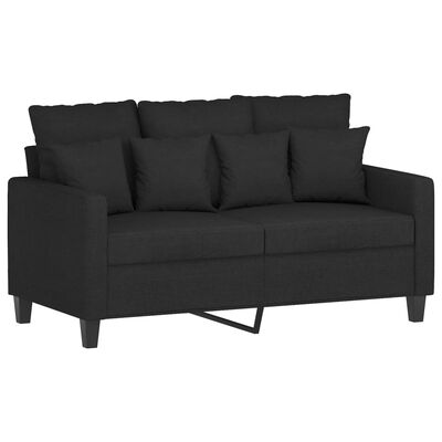 Close-up of a black two-seater sofa with cushions in dark fabric and short legs.