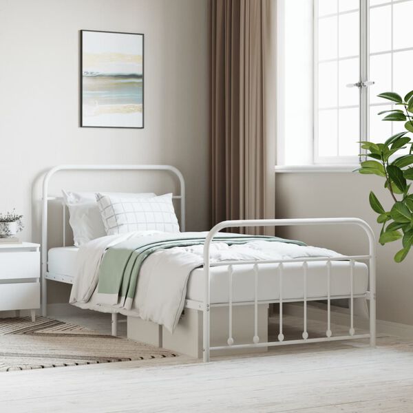 vidaXL Bed Frame White Powder-Coated Steel Twin Bed Frame Rectangular