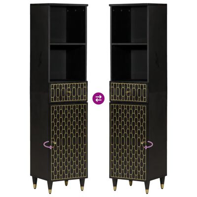 Two identical tall black cabinets with gold-patterned doors facing each other.