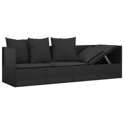 Dark wicker outdoor sofa with five cushions and a reclining section on the right side; modular seating.