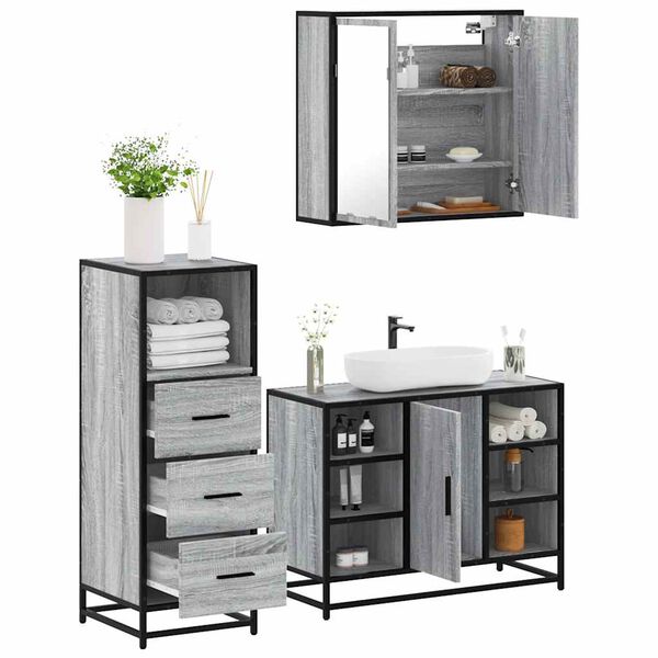vidaXL Bathroom Furniture Set Grey sonoma Engineered wood, metal, glass