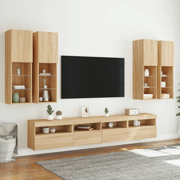vidaXL 7 Piece TV Wall Stand Set with LED Lights Sonoma Oak