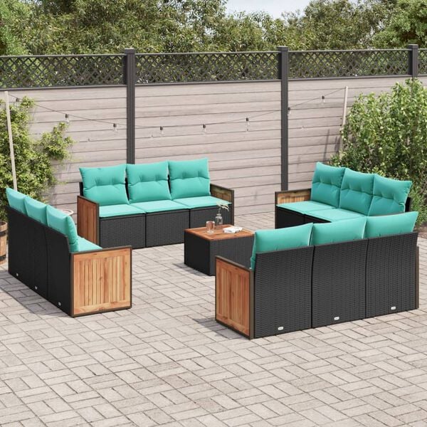vidaXL 13 Piece Patio Sofa Set with Cushions Black Poly Rattan