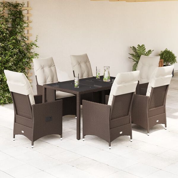 vidaXL 7 Piece Patio Dining Set with Cushions Brown Poly Rattan