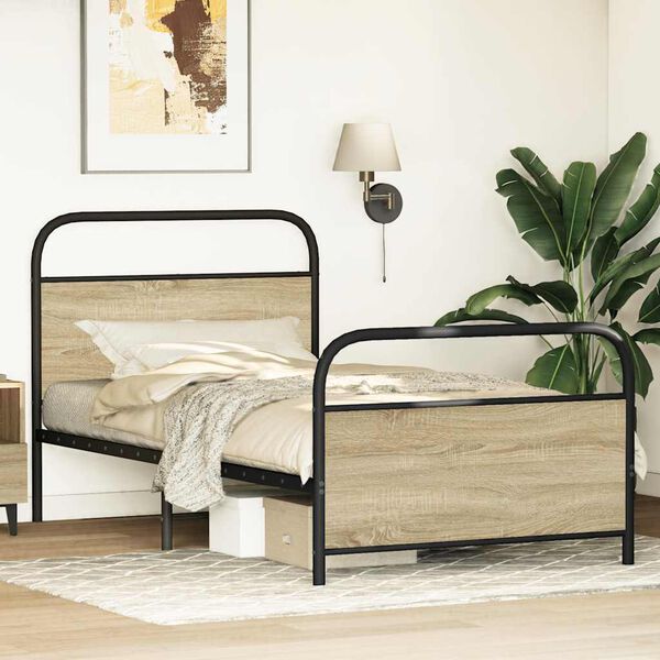 vidaXL Bed Frame Smoked oak Steel, Engineered Wood Twin Bed Frame