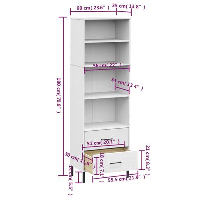 vidaXL Bookcase with 2 Drawers White 23.6"x13.8"x70.9" Solid Wood OSLO