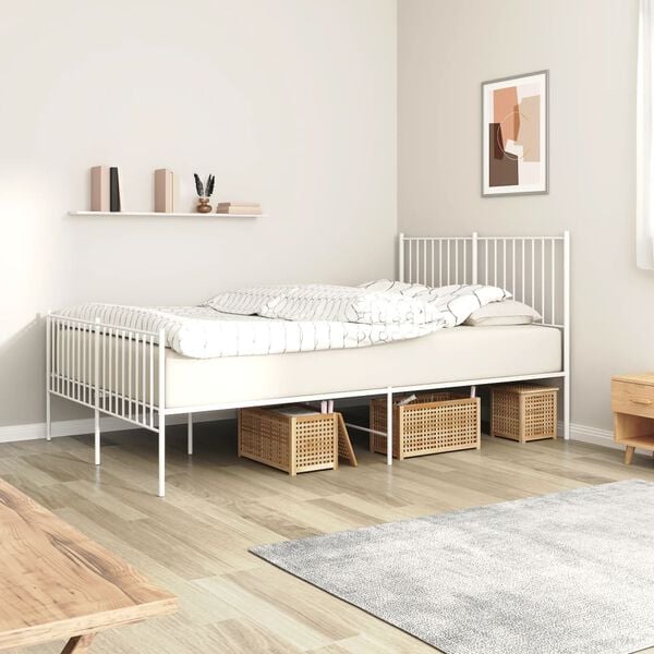 vidaXL Bed Frame White Powder-Coated Steel Double Bed Frame