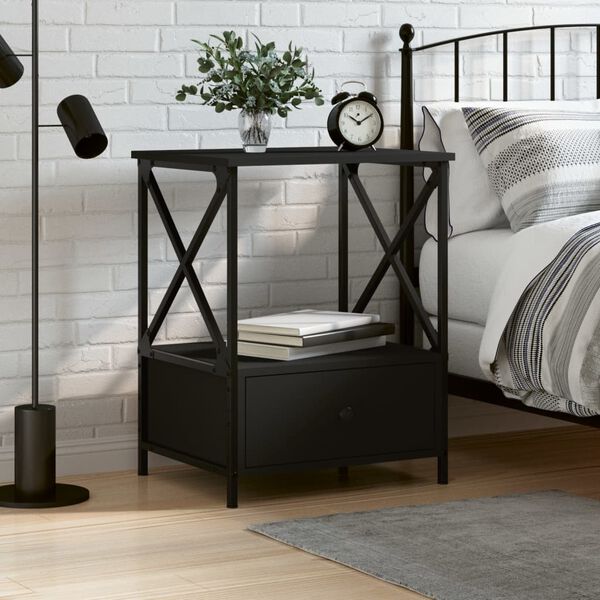 vidaXL Bedside Table Black Engineered wood, iron Medium Adjustable Feet