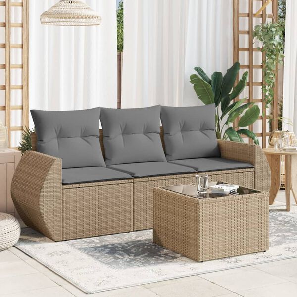 vidaXL 4 Piece Patio Sofa Set with Cushions Beige Poly Rattan