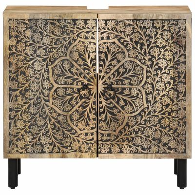 Double-door cabinet with matching gold floral pattern on both doors and black legs