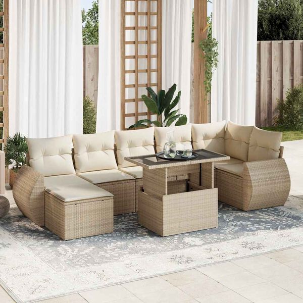 vidaXL Garden Sofa Set Beige PE Rattan, Powder-Coated Steel, Tempered Glass