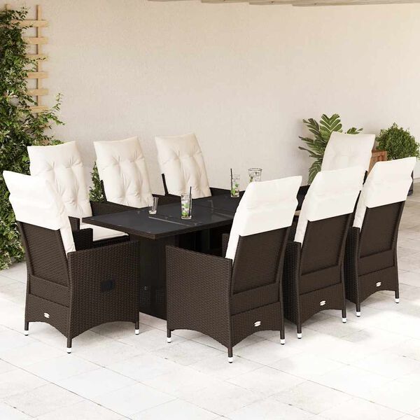 vidaXL 9 Piece Patio Dining Set with Cushions Brown Poly Rattan