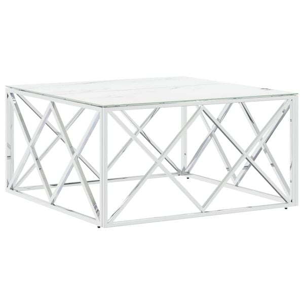 vidaXL Coffee Table Silver, White Marble Stainless Steel, Tempered Glass