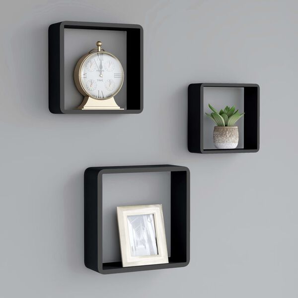 vidaXL Wall Cube Shelf Set of 3 Black MDF Large, Medium, Small