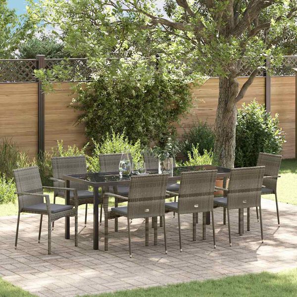 vidaXL Garden Dining Set with Cushion 9 pcs Grey Poly Rattan