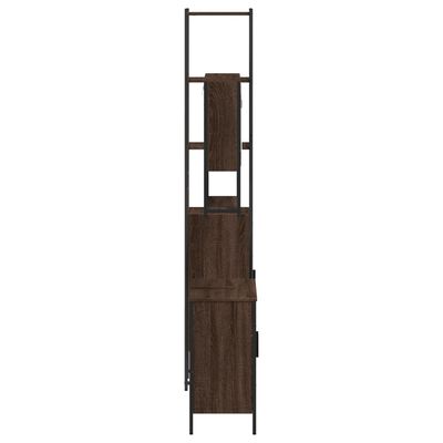 Tall vertical cabinet with dark wood doors and black metal frame, single column storage unit