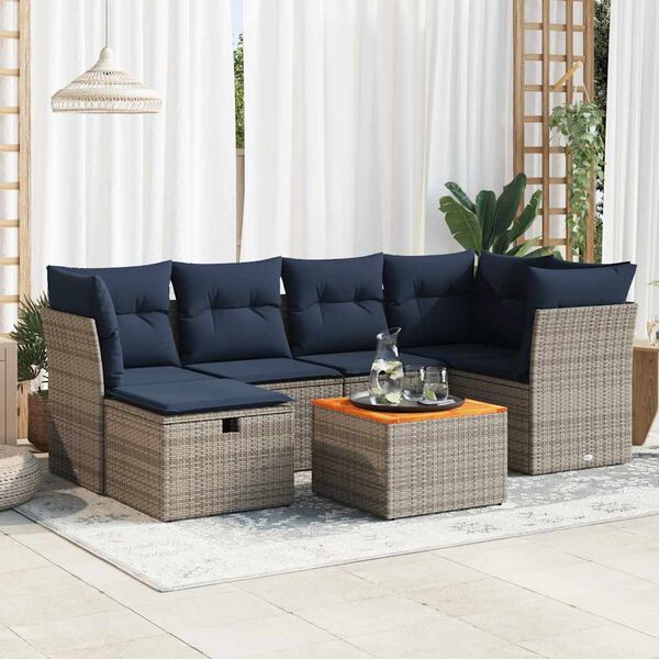 vidaXL 7 Piece Patio Sofa Set with Cushions Gray Poly Rattan