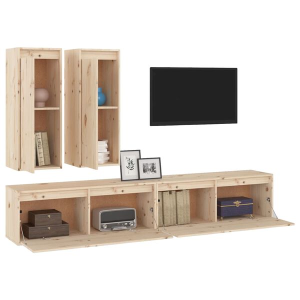 vidaXL TV Cabinet Set of 4 Natural Pine Solid Pine Wood Medium