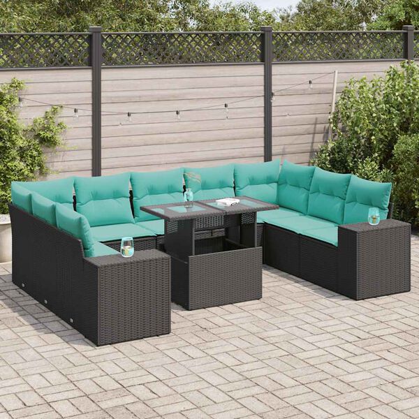 vidaXL 10 Piece Patio Sofa Set with Cushions Black Poly Rattan Acacia